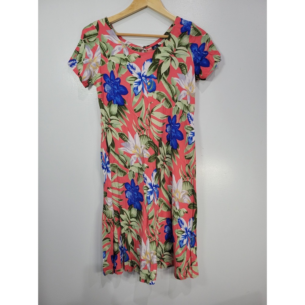 Hibiscus Collection Hawaii Womens Small Tropical‎ Floral Rayon Shift Dress Coral
